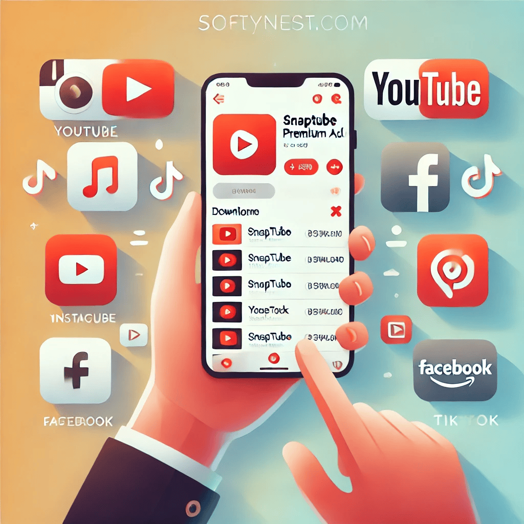 A flat design illustration of a person holding a smartphone with Snaptube Premium APK MOD app open showing a smooth clean interface with download bu