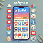 An illustration of a smartphone screen showing Snaptube Premium APK MOD interface with download options, in a clean modern design, showcasing video do