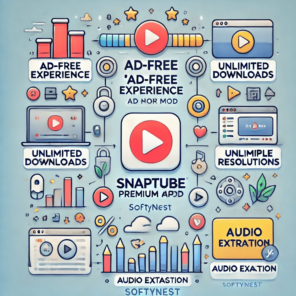 An infographic style illustration of Snaptube Premium APK MOD features. The illustration should highlight benefits like Ad Free Experience Unlimit