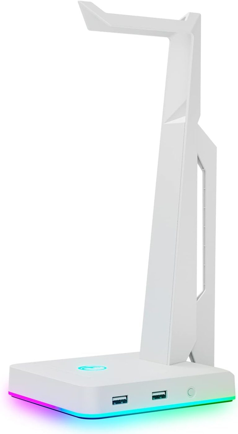 RGB Gaming Headset Stand with 2 USB Ports, Game Headphone Mount for PC, Xbox One, PS4, Switch, Earphone Holder Hanger, Great for Gaming Stations, Fancy Desk Gamer Accessories, White