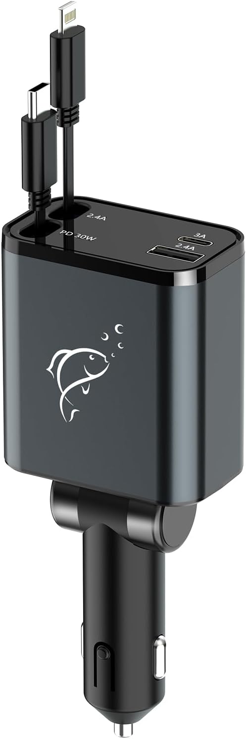 Retractable Car Charger, 70W 4 in 1 Retractable Car Charger with Cord, Fast Car Phone Charger Adapter Compatible with iPhone 16/15/14/13/12/11, Pixel, Samsung, Car Charger USB C,Type C, Black (2024)