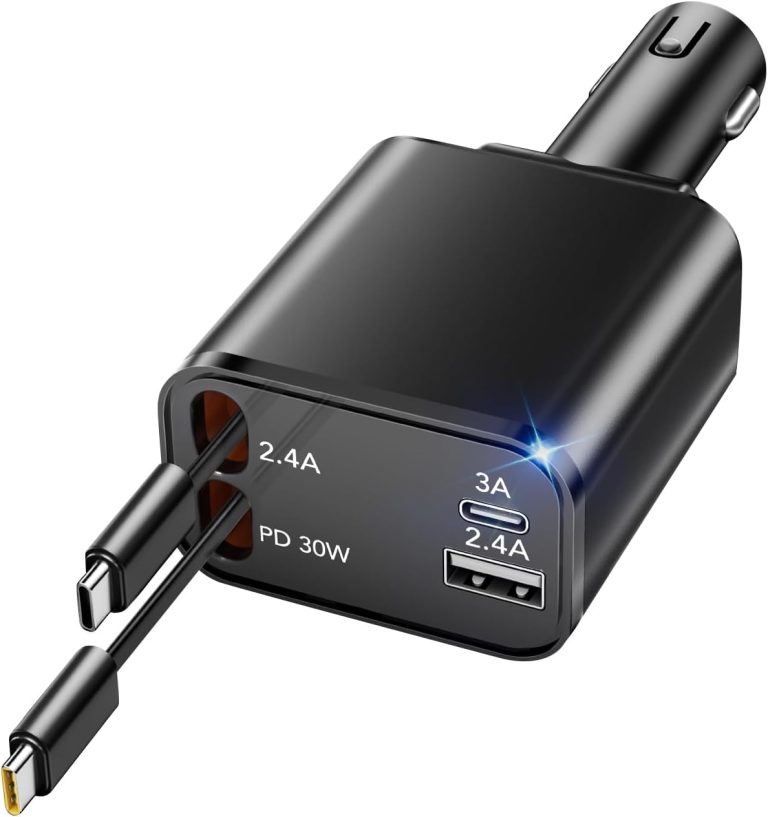 Retractable Car Charger 4 in 1, Compatible with iPhone 16 Car Charger Fast Charging, Type C Retractable Fast Car Charger, 69W USB C Car Charger Adapter for iPhone 16/15/14/13/12/Galaxy/Pixel