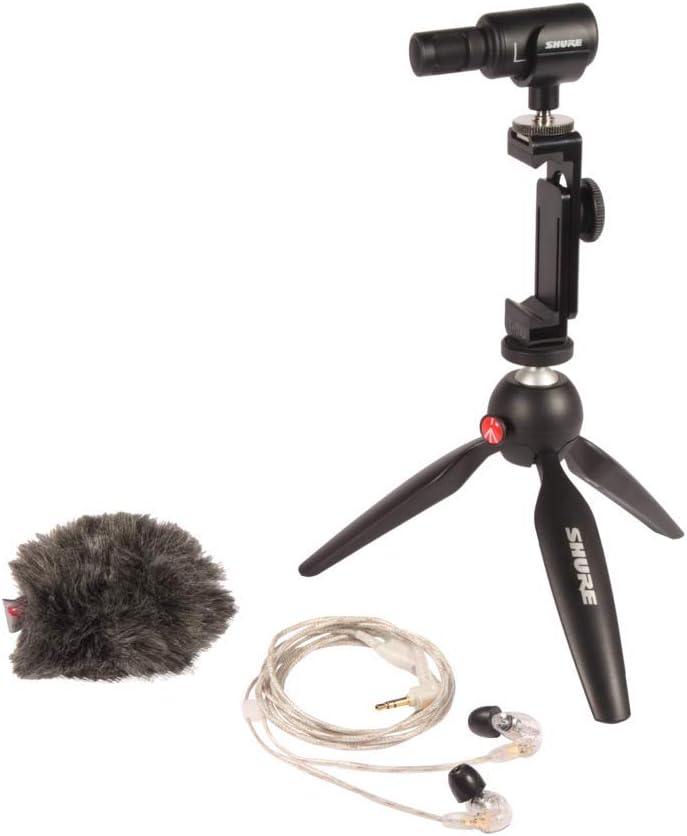 Shure Portable Videography Kit – Professional Recording Rig with MV88+ iPhone Mic, Manfrotto PIXI Tripod, Phone Clamp, Mount, AMV88-Fur Windjammer and SE215 PRO Sound Isolating Earbuds (MV88+SE215-CL)