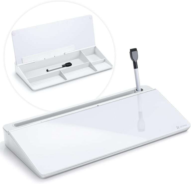 Varhomax Glass Desk Whiteboard with Storage, Desk Buddy to-do List Memo Desktop Dry Erase White Board Keyboard Stand for Home Office and School Supplies (White)
