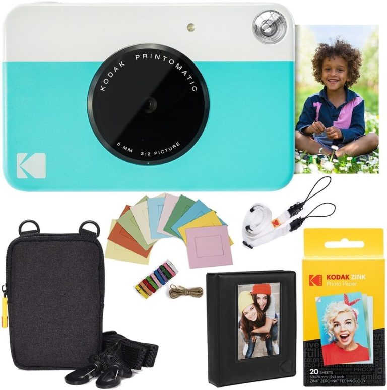 Kodak Printomatic Instant Camera Bundle (Blue) Zink Paper (20 Sheets) – Case – Photo Album – Hanging Frames.