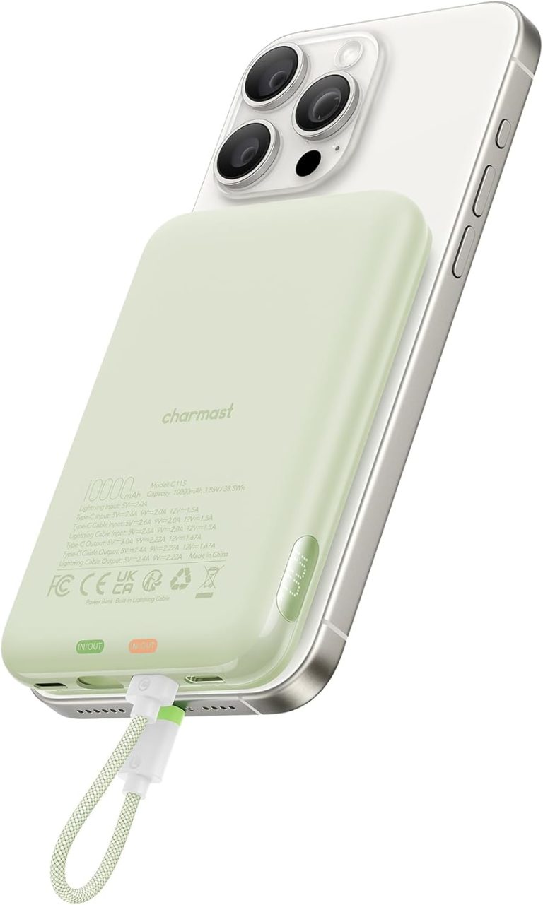 Charmast 10000mAh Wired Portable Charger, 20W Fast Charging Slim Power Bank with Removable Cable for iPhone & Android, Hand-Free Battery Pack with Digital Display for Short Travel (No-Wireless)