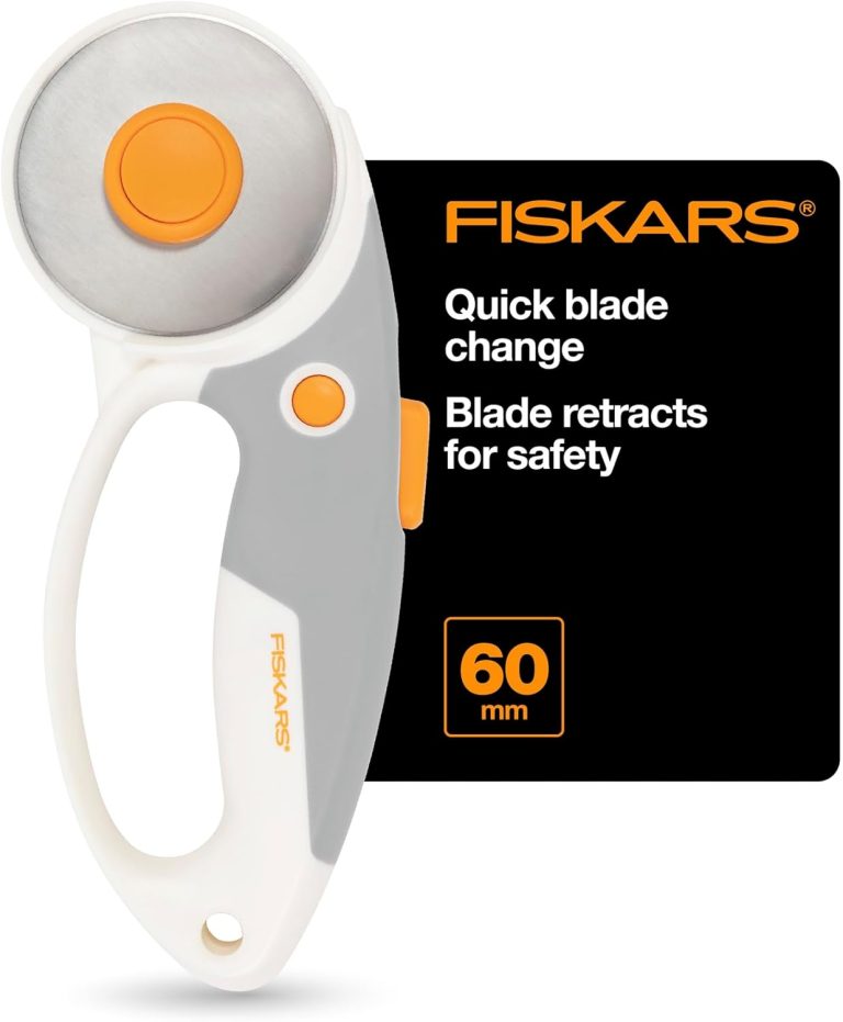 Fiskars 60mm Rotary Cutter for Fabric with Ergonomic Loop Grip And Comfort Handle, Titanium Rotary Fabric Cutter for Thick Materials, Easy and Safe Blade Change, Sewing Supplies and Quilting Tools