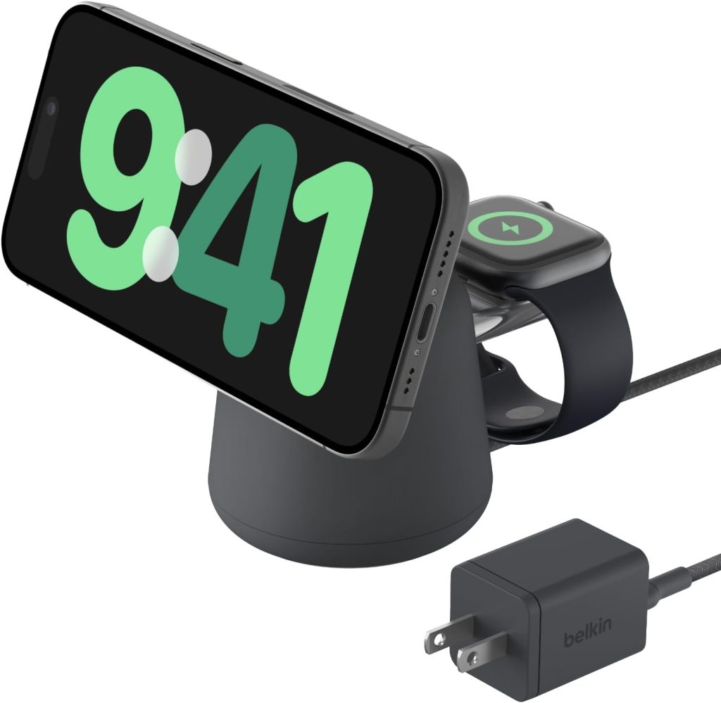 Belkin 2-in-1 MagSafe Wireless Charging Dock 15W Fast Charge iPhone Charger Compatible with iPhone 16, 15, 14, and 13 Series, AirPods, and Other MagSafe Enabled Devices, Includes Power Supply – Black Belkin 2-in-1 MagSafe Wireless Charging Dock 15W Fast Charge iPhone Charger Compatible with iPhone 16, 15, 14, and 13 Series, AirPods, and Other MagSafe Enabled Devices, Includes Power Supply – Black