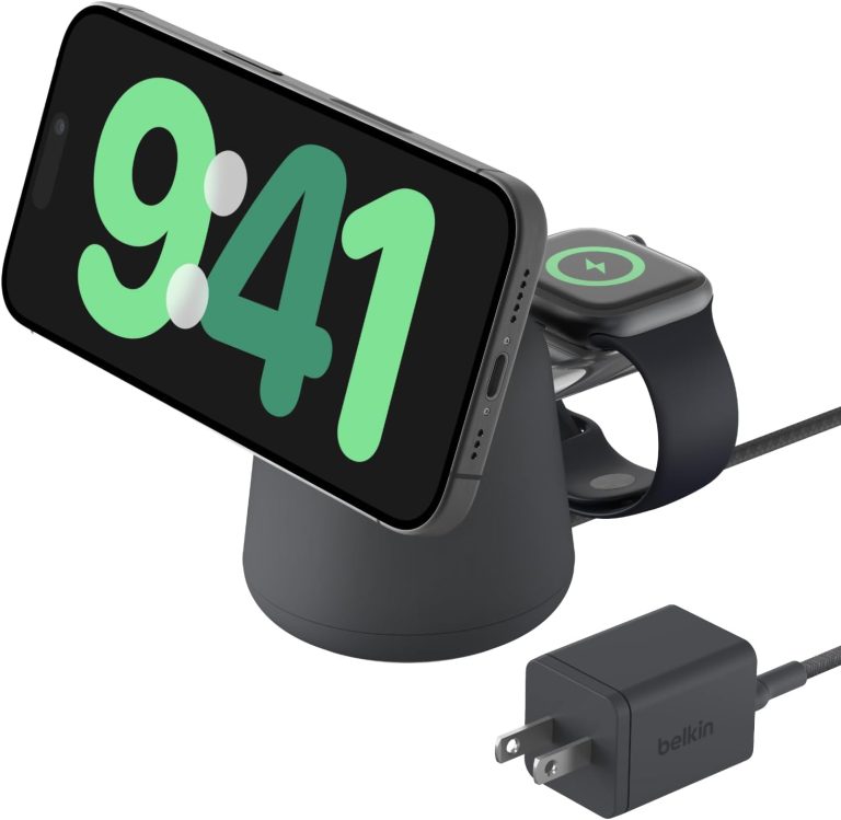 Belkin 2-in-1 MagSafe Wireless Charging Dock 15W Fast Charge iPhone Charger Compatible with iPhone 16, 15, 14, and 13 Series, AirPods, and Other MagSafe Enabled Devices, Includes Power Supply – Black