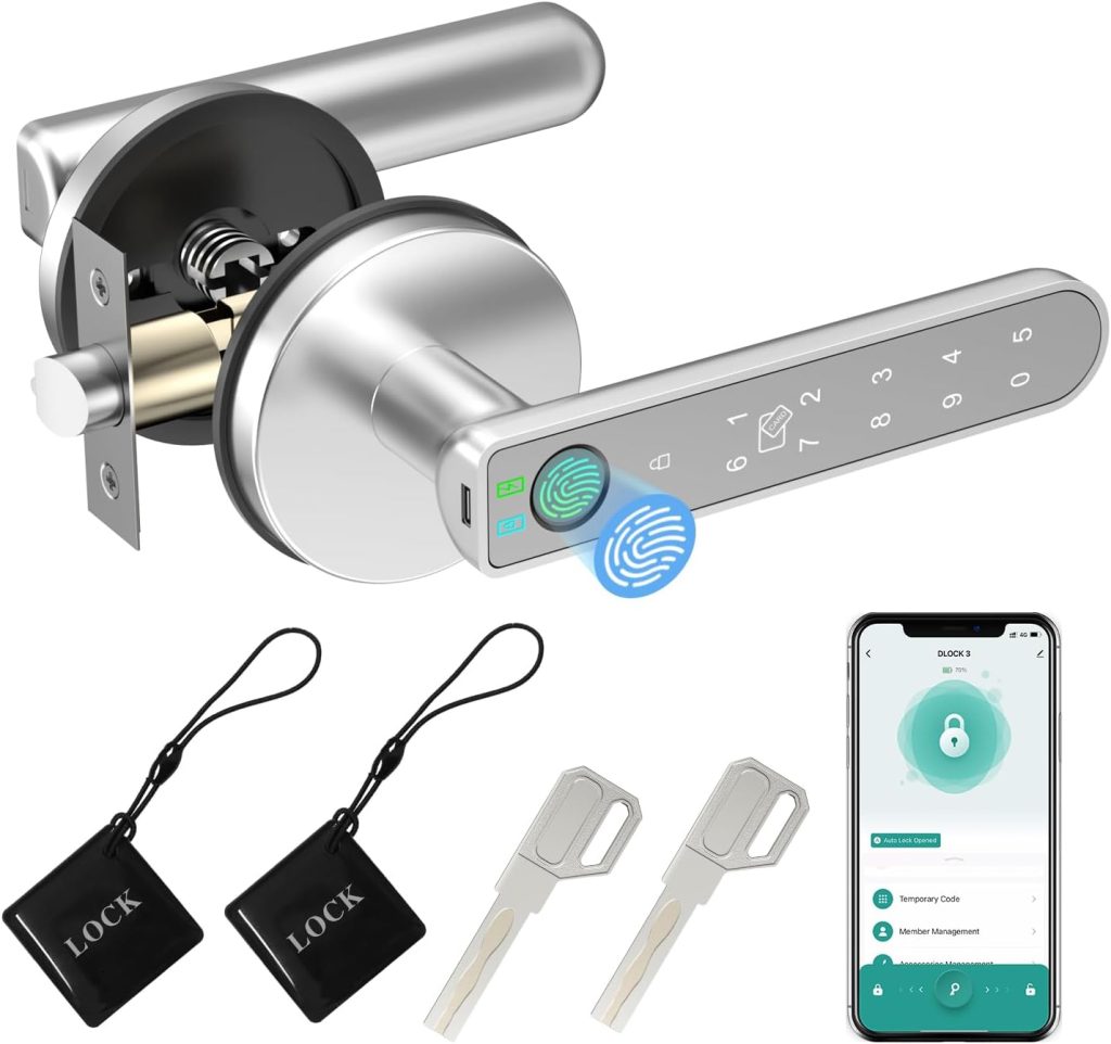 Fingerprint Door Lock, 5 in 1 Smart Door Knob with Smart APP/Fingerprint/IC Cards/Password/Backup Keys, Fingerprint Door Knob with Keypad for Bedroom, Office, Apartment, Silver, 1 Pack Fingerprint Door Lock, 5 in 1 Smart Door Knob with Smart APP/Fingerprint/IC Cards/Password/Backup Keys, Fingerprint Door Knob with Keypad for Bedroom, Office, Apartment, Silver, 1 Pack