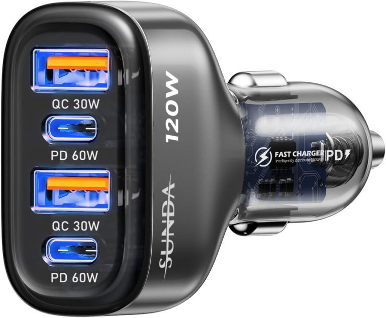 SUNDA 120W USB C Fast Car Charger, 4-Ports Car Charger Adapter, Dual Type C PD60W/PPS60W Compatible with iPhone16/15Pro/Max/iPhone14/Galaxy/SamsungS24, Dual USB-A 18W QC3.0 for Android(Gray)