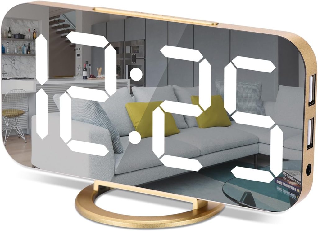Digital Alarm Clock,7 in LED Mirrored Clocks Large Display,with 2 USB Charger Ports,Auto Dim,Night Mode,Modern Desktop Electronic Clocks for Bedroom Home Office Decor – Gold Digital Alarm Clock,7 in LED Mirrored Clocks Large Display,with 2 USB Charger Ports,Auto Dim,Night Mode,Modern Desktop Electronic Clocks for Bedroom Home Office Decor – Gold