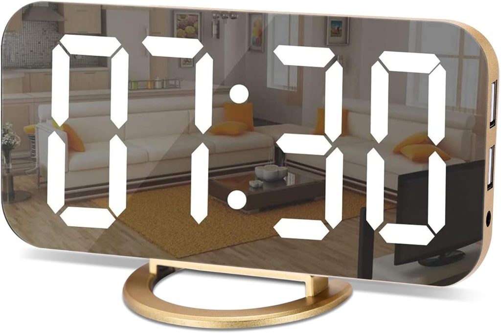 SZELAM Digital Alarm Clock,LED and Mirror Desk Clock Large Display,with Dual USB Charger Ports,3 Levels Brightness,12/24H,Modern Electronic Clock for Bedroom Home Living Room Office – Gold SZELAM Digital Alarm Clock,LED and Mirror Desk Clock Large Display,with Dual USB Charger Ports,3 Levels Brightness,12/24H,Modern Electronic Clock for Bedroom Home Living Room Office – Gold