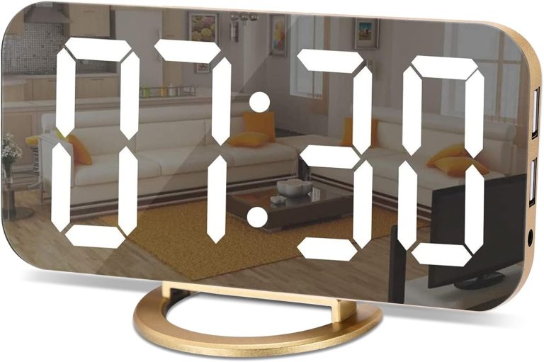 SZELAM Digital Alarm Clock,LED and Mirror Desk Clock Large Display,with Dual USB Charger Ports,3 Levels Brightness,12/24H,Modern Electronic Clock for Bedroom Home Living Room Office – Gold