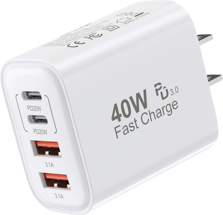 USB C Block 40W, 4 Ports Wall Plug Fast Charging Block, PD+QC Multiport Power Adapter USB C Charger Type C for iPhone 16,15,14,13,12,11,iPad, Samsung Galaxy S24,S23,S22,S21,S20, Watch (White 1Pack)