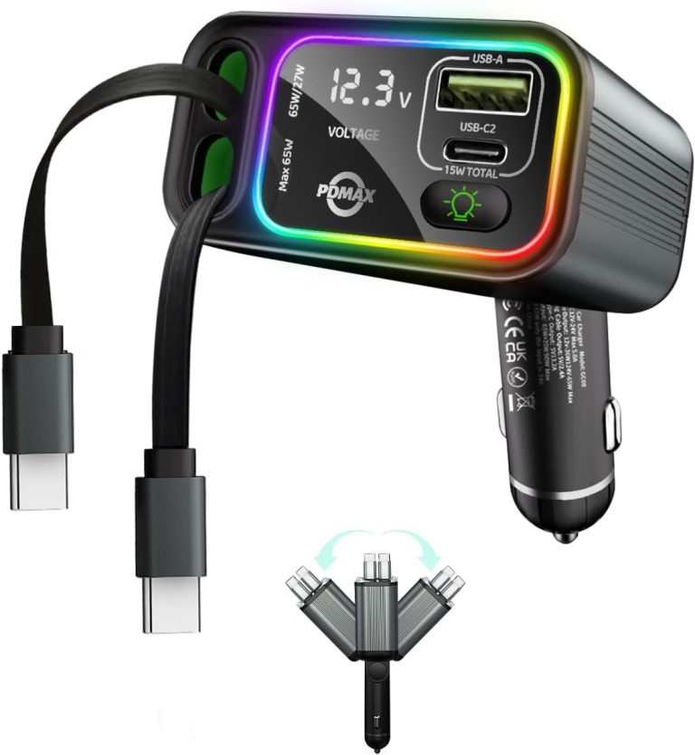 4-in-1 Retractable Car Charger – 145W Fast Car Phone Charger with Dual Retractable USB C Cable and USB Ports, Compatible with iPhone 16/15, iPad Pro, S24/23/22, Pixel 9/8/7