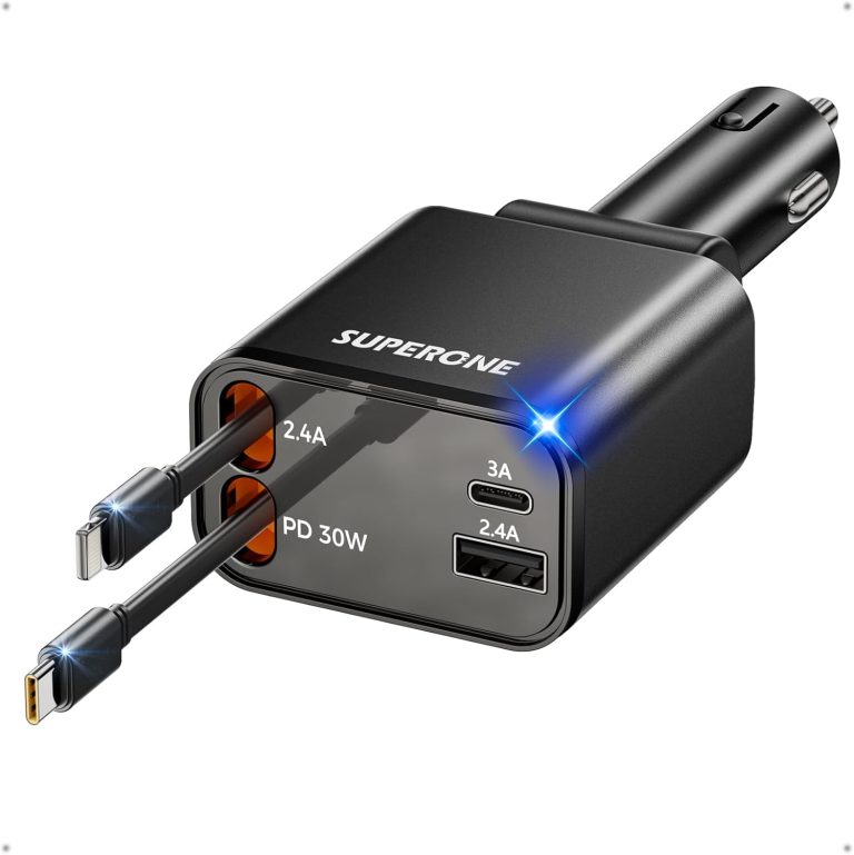 [2024 Upgraded] Retractable Car Charger, SUPERONE 69W Car Phone Charger with Cables, Fast Charging USB C and iPhone Car Charger Adapter for iPhone 16 15 14 13 12, Samsung, Black