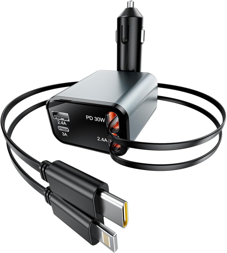 Retractable Car Charger Build-in 2 Retractable Charging Cables, 4 in 1 Fast Car Phone Charger for Phone 16/15/14/13/12/11, Galaxy, Pixel