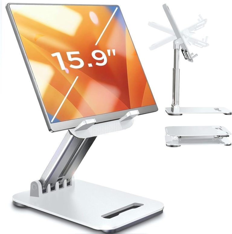 LISEN Tablet Stand for iPad Stand Holder Desk, Foldable iPad Pro Holder Portable Monitor Stand Travel Accessories, Office Desk Accessories for Kitchen 2024 iPad Mini 7 Kindle iPhone 4-15.9″ White