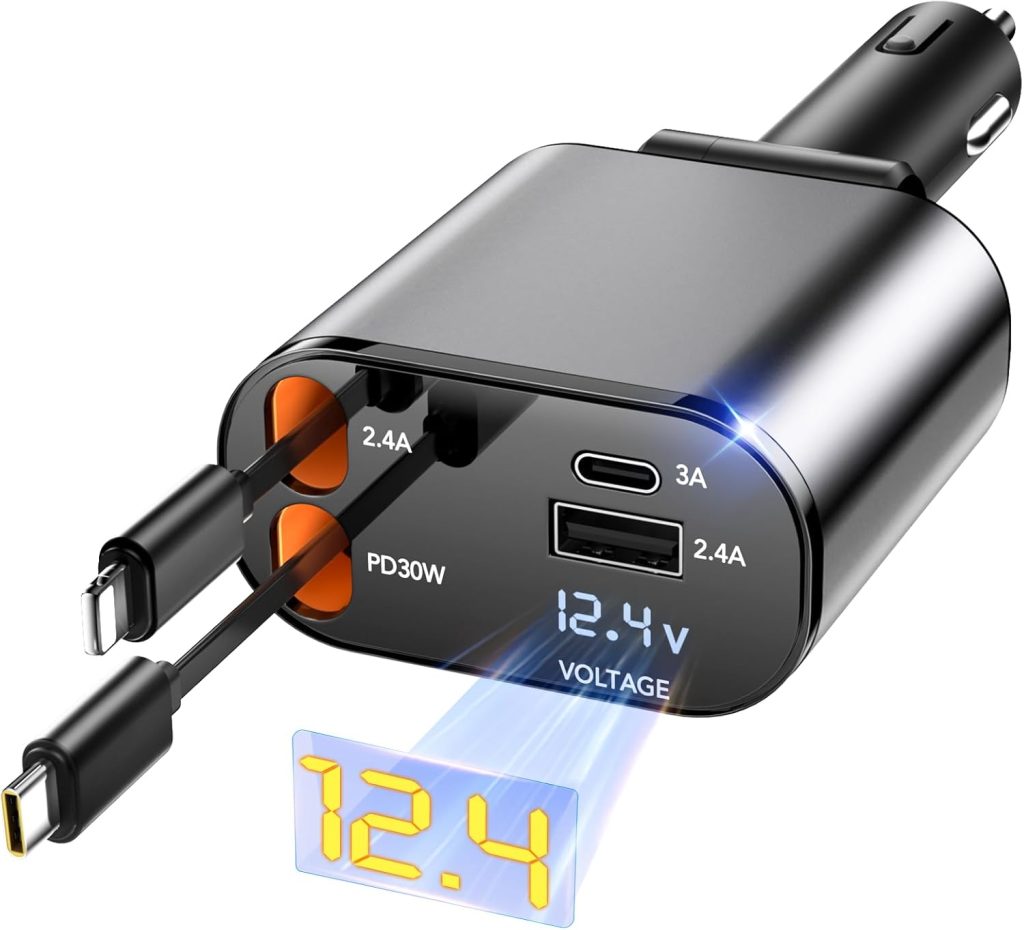 Retractable Car Charger, 4 in 1 Fast Car Phone Charger 66W, 2 Retractable Cables and USB Car Charger, Compatible with iPhone 16/15/14/13/12/11,Galaxy,Pixel Retractable Car Charger, 4 in 1 Fast Car Phone Charger 66W, 2 Retractable Cables and USB Car Charger, Compatible with iPhone 16/15/14/13/12/11,Galaxy,Pixel