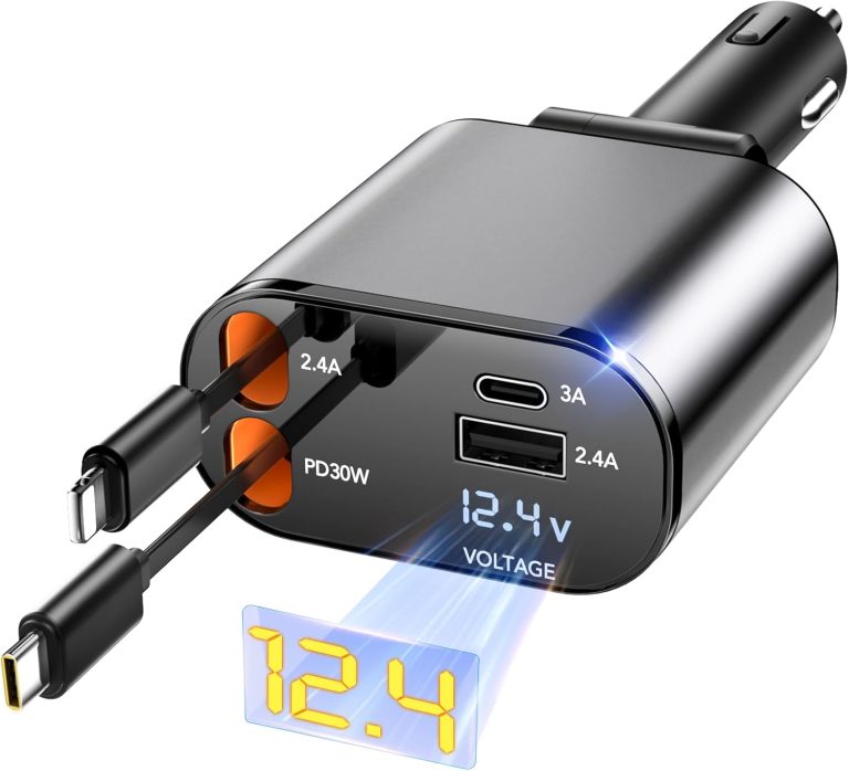 Retractable Car Charger, 4 in 1 Fast Car Phone Charger 66W, 2 Retractable Cables and USB Car Charger, Compatible with iPhone 16/15/14/13/12/11,Galaxy,Pixel