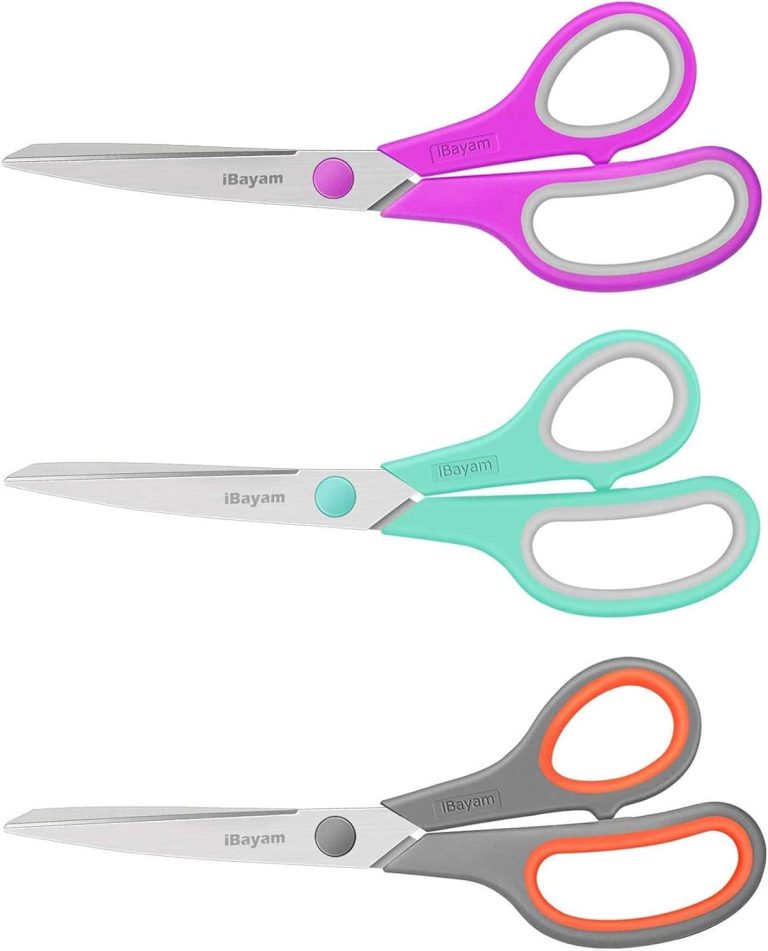 Scissors, iBayam 8″ All Purpose Scissors Bulk 3-Pack, Ultra Sharp 2.5mm Thick Blade Shears Comfort-Grip Scissors for Office Desk Accessories Sewing Fabric Home Craft School Supplies, Right/Left Handed