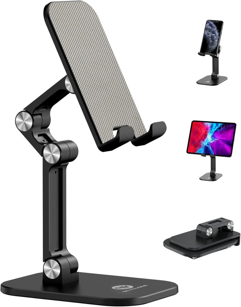 OCYCLONE Phone Stand, Adjustable Height and Angle Foldable Cell Phone Stand Holder for Desk, Taller iPhone Stand Compatible with 4-11 Inch Mobile Phone/iPad/Tablet – Black