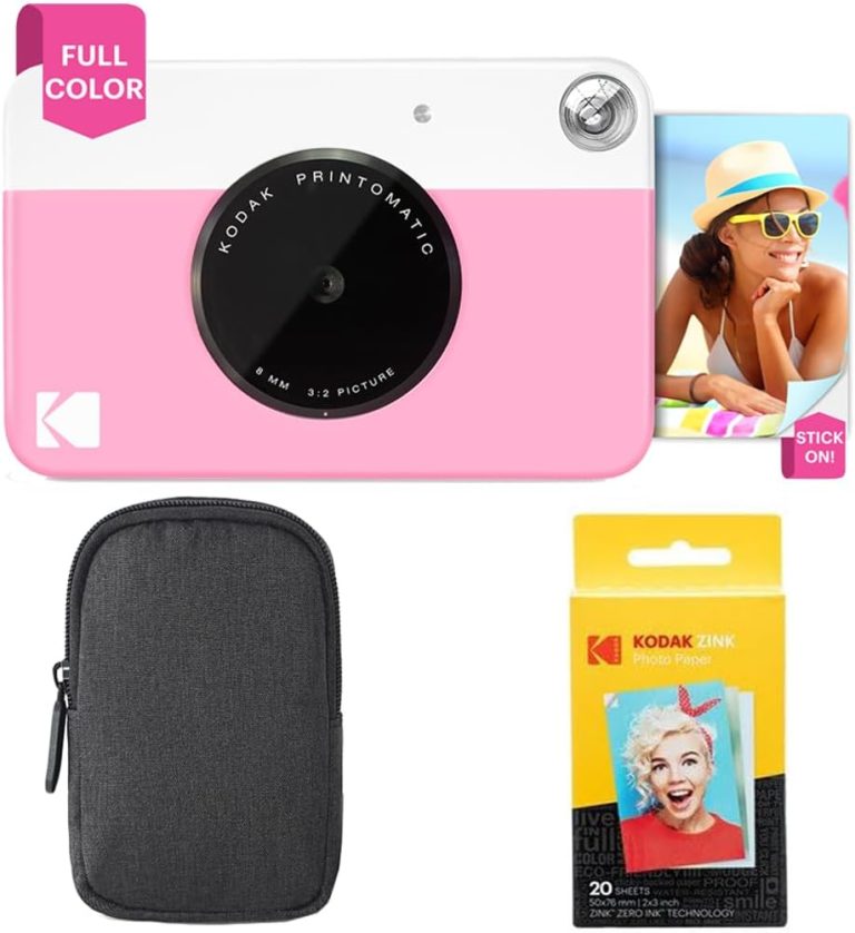 KODAK Printomatic Full-Color Instant Print Camera Starter Bundle + Carrying Case + Zink 20pk Photo Paper – Colorful Photos On 2×3″ Sticky-Back Paper – Fun Gift for Birthday Christmas Holiday – Pink
