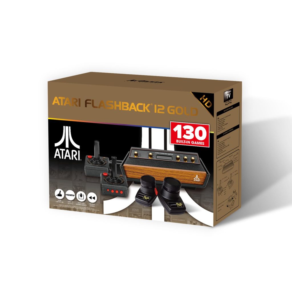 Atari Flashback 12 Gold, Retro Game Console, Built-in 130 Classic Games, Two Joystick and Paddle Controllers, HDMI, PLUG & PLAY on HD TV Atari Flashback 12 Gold, Retro Game Console, Built-in 130 Classic Games, Two Joystick and Paddle Controllers, HDMI, PLUG & PLAY on HD TV