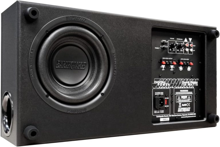 Earthquake Sound CP8 Couch Potato – 300W Peak Powered 8-Inch Slim Home Theater Subwoofer with Down-Firing Bass Reflex Enclosure Design (Black Laminate, Single)