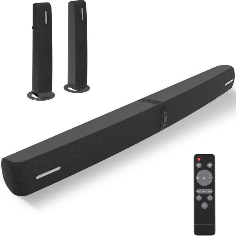 Sound Bar, 90W Sound Bar for Smart TV, Bluetooth Soundbar with Wired & Wireless Connect, Dynamic Volume Boost, ARC/Optical/AUX Cables & Remote, 2 in 1 Detachable Soundbar for TV