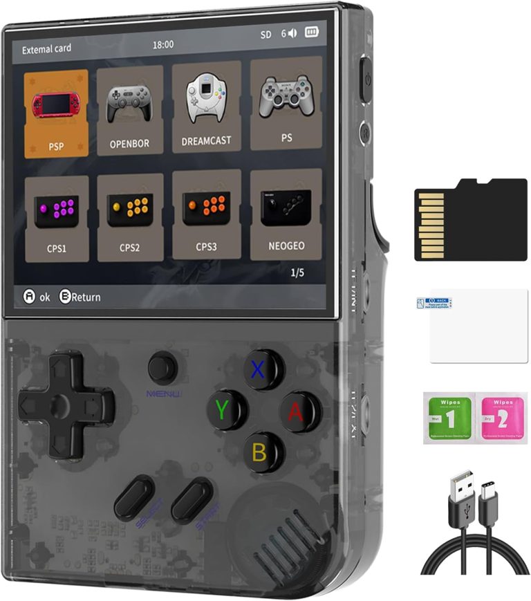 RG35XX Plus Retro Video Handheld Game Console Linux System 3.5 in IPS Screen Built-in 3300mAH Battery 64G TF Card Preinstalled 5500 Classic Games(RG35XX Plus Black New)