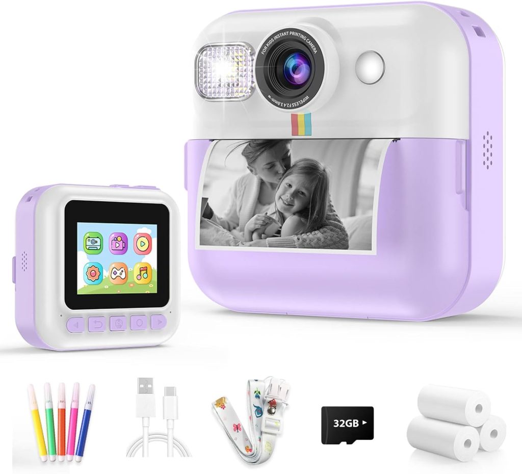 Kids Camera Instant Print, Christmas Birthday Gifts for Girls Boys, Children Digital Camera with 32GB Card, 1080P Video Toddler Print Camera, Portable Kids Toys for Girls Age 3 4 5 6 7 8 9 10 (Purple) Kids Camera Instant Print, Christmas Birthday Gifts for Girls Boys, Children Digital Camera with 32GB Card, 1080P Video Toddler Print Camera, Portable Kids Toys for Girls Age 3 4 5 6 7 8 9 10 (Purple)