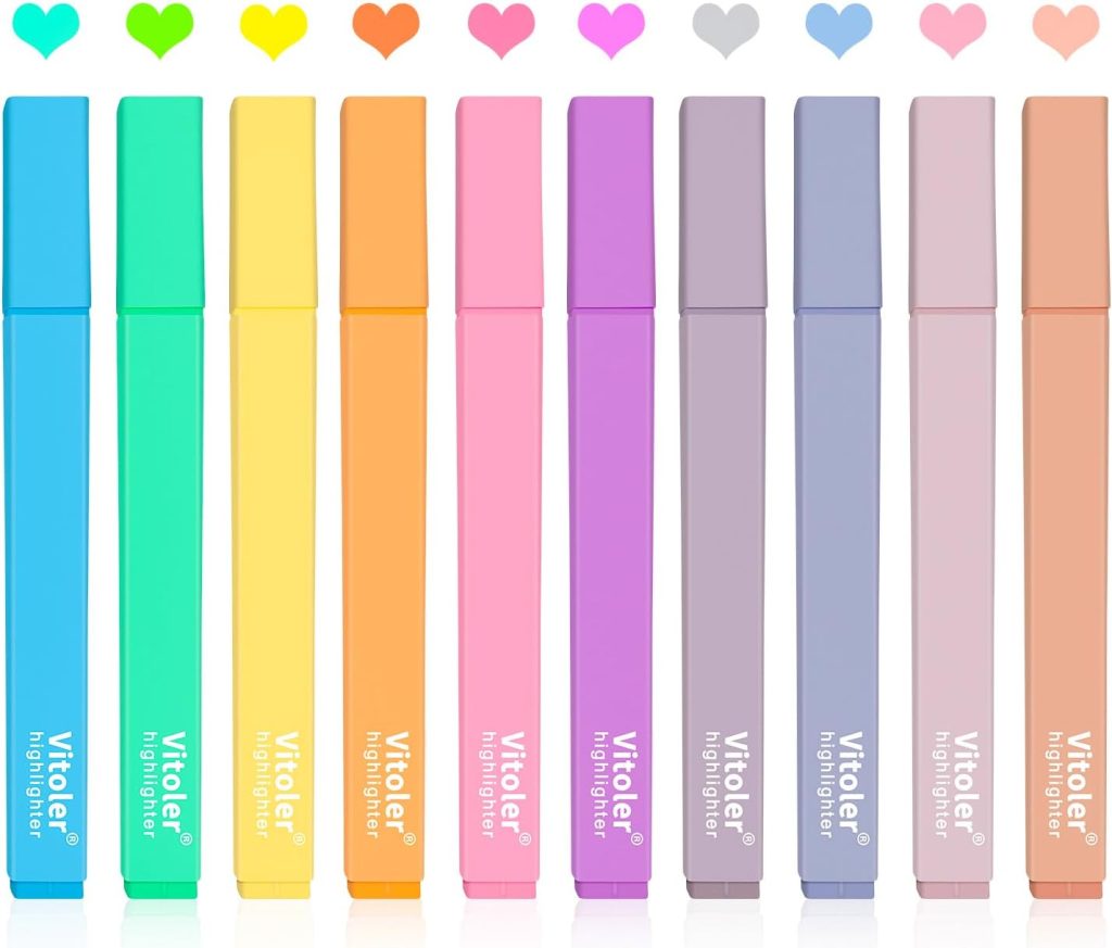 Vitoler 10Pcs Aesthetic Highlighters, Chisel Tip Marker Pens,Assorted Color Candy Highlighters,No Bleed Bible Highlighters,Cute Pastel Highlighters for Journaling Planner Notes School Supplies Vitoler 10Pcs Aesthetic Highlighters, Chisel Tip Marker Pens,Assorted Color Candy Highlighters,No Bleed Bible Highlighters,Cute Pastel Highlighters for Journaling Planner Notes School Supplies