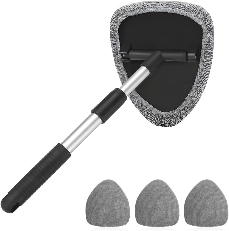 Windshield Cleaning Tool, Car Window Cleaner with Extendable Long Handle and 4 Washable Reusable Microfiber Pads, Auto Interior Exterior Glass Wiper Cleaning Kit Universal for Office and Home (Gray)