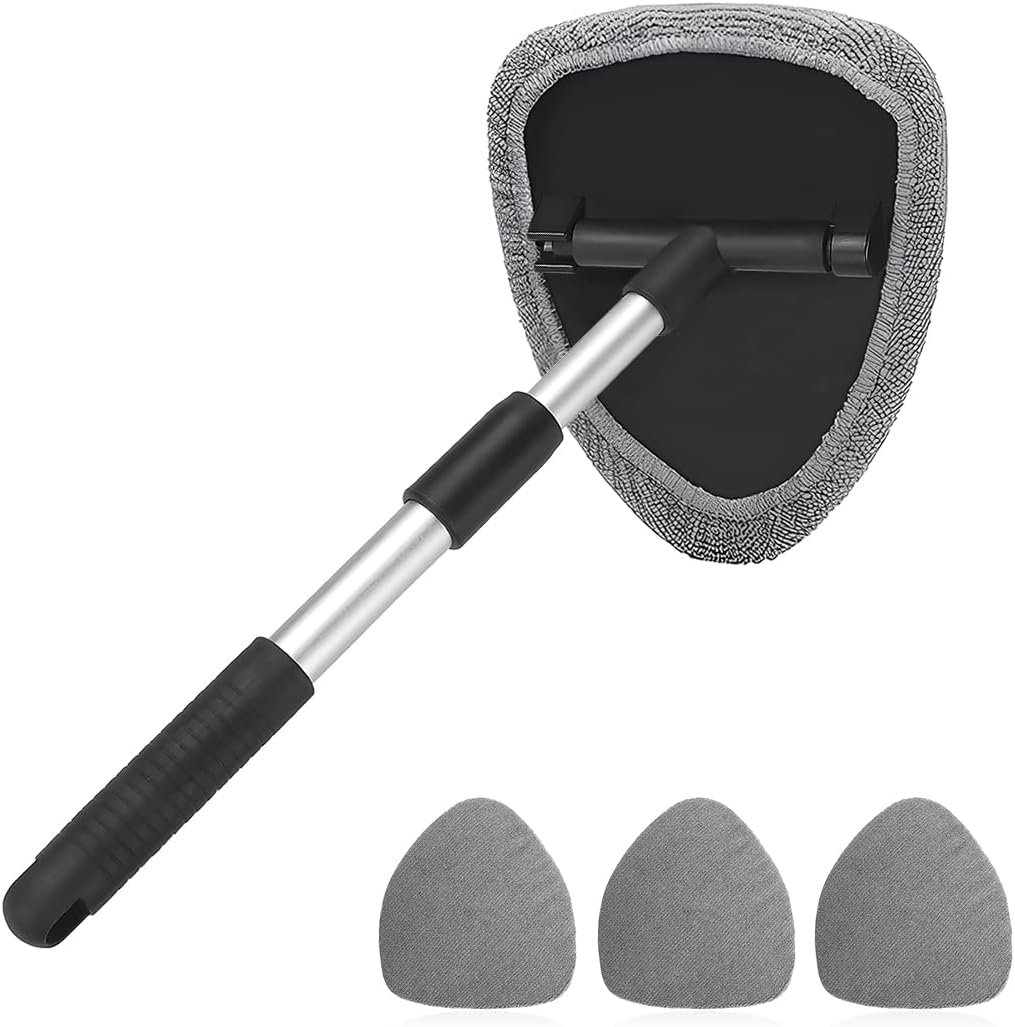 Windshield Cleaning Tool, Car Window Cleaner with Extendable Long Handle and 4 Washable Reusable Microfiber Pads, Auto Interior Exterior Glass Wiper Cleaning Kit Universal for Office and Home (Gray) Windshield Cleaning Tool, Car Window Cleaner with Extendable Long Handle and 4 Washable Reusable Microfiber Pads, Auto Interior Exterior Glass Wiper Cleaning Kit Universal for Office and Home (Gray)