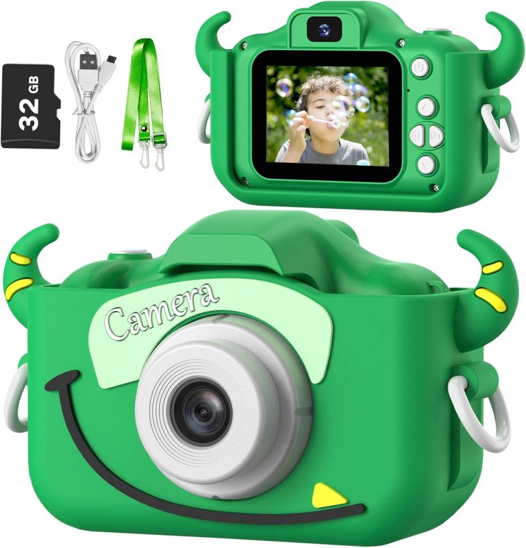 Goopow Kids Camera Toys for 3-8 Year Old Girls Boys,Children Digital Video Camcorder Camera with Cartoon Soft Cover, Best Chritmas Birthday Festival Gift for Kids – 32G SD Card Included (Green-NJ)