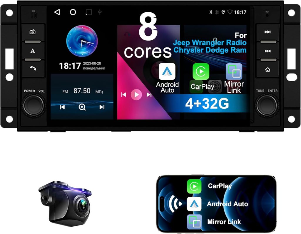 8 Core 4+32G Car Radio for Jeep Wrangler Radio Chrysler Dodge Ram with Wireless Car-Play Android Auto,7″ IPS Car Stereo Upgrade Dash Kit with Backup Camera,AM/FM/RDS/DSP/SWC 8 Core 4+32G Car Radio for Jeep Wrangler Radio Chrysler Dodge Ram with Wireless Car-Play Android Auto,7″ IPS Car Stereo Upgrade Dash Kit with Backup Camera,AM/FM/RDS/DSP/SWC