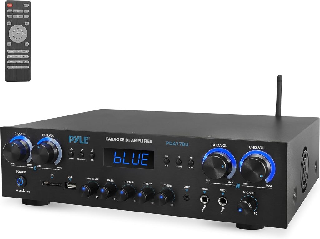 Pyle Bluetooth Home Audio Theater Amplifier Stereo Receiver 4 Channel 800 Watt Sound System w/MP3, USB, SD, AUX, RCA, FM,MIC, Headphone, Reverb Delay, LED Vol, for Home/Studio/Theater Speakers Pyle Bluetooth Home Audio Theater Amplifier Stereo Receiver 4 Channel 800 Watt Sound System w/MP3, USB, SD, AUX, RCA, FM,MIC, Headphone, Reverb Delay, LED Vol, for Home/Studio/Theater Speakers
