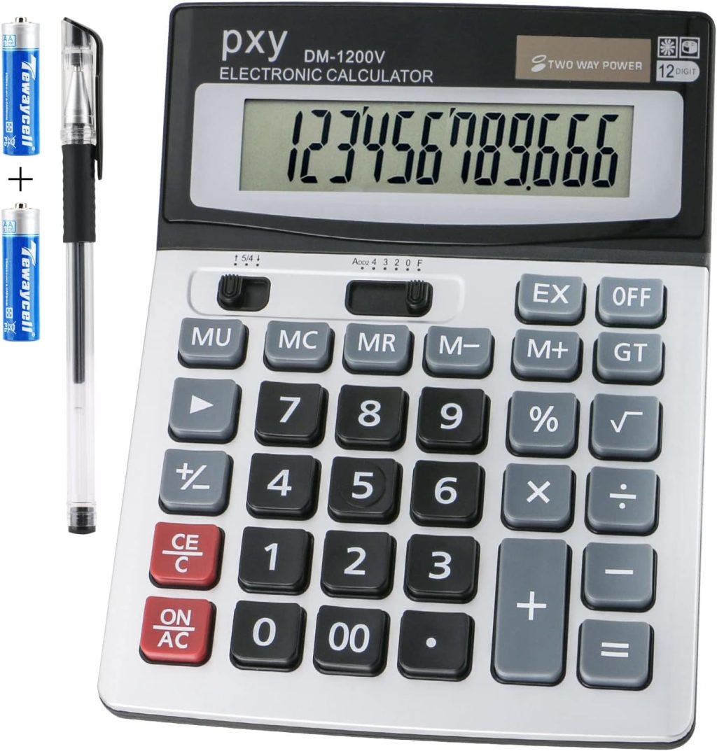 Desk Calculator 12 Digit Extra Large LCD Display, Touch Comfortable with Big Buttons, PXY Two Way Power Battery and Solar Standard Function Office Calculators Desk Calculator 12 Digit Extra Large LCD Display, Touch Comfortable with Big Buttons, PXY Two Way Power Battery and Solar Standard Function Office Calculators