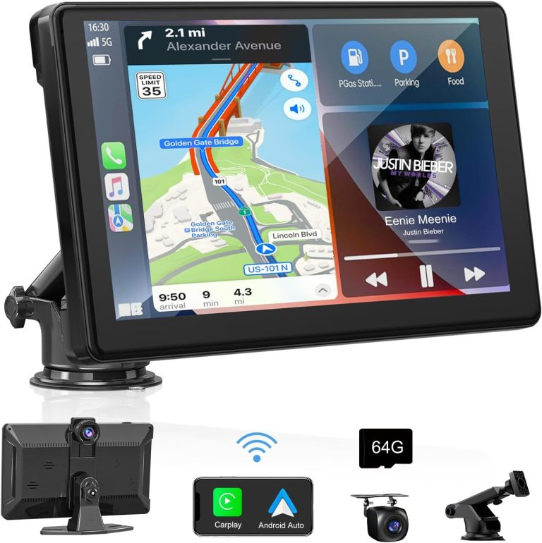 Carplay Screen for Car,9″ Portable Wireless Car Stereo Touchscreen for Apple Carplay&Android Auto With 4K Dash Cam/HD Backup Camera/GPS Navigation/Mirror Link/Voice Control/BT/AUX/Car Audio Receivers