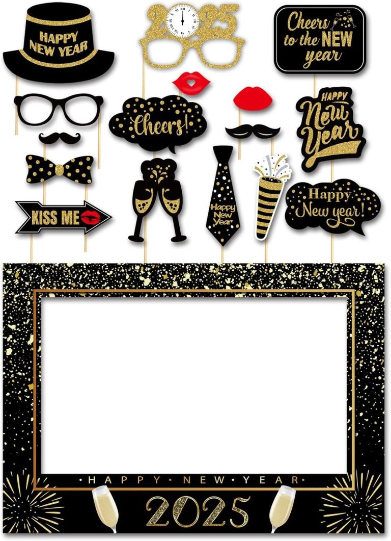 SWYOUN Glitter Happy New Year’s Eve 2025 Party Photo Booth Props Supplies with Photo Frame(Pack of 17)