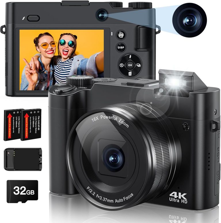4K Digital Camera, 64MP Rear and Front Camera for Photography and Video Autofocus Anti-Shake, 3” Selfie Flip Vlogging Camera with Ultra Bright Flash, Camera with Dial 16X Zoom (2 Batteries+Charger)
