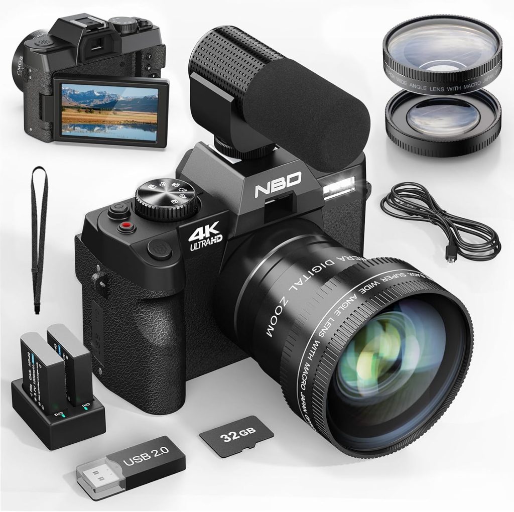 NBD 4K Digital Cameras for Photography – 48MP Travel Photography & YouTube Vlogging Camera with Microphone16X Digital Zoom, Includes 32GB SD Card and Wide Angle Macro Lens NBD 4K Digital Cameras for Photography – 48MP Travel Photography & YouTube Vlogging Camera with Microphone16X Digital Zoom, Includes 32GB SD Card and Wide Angle Macro Lens