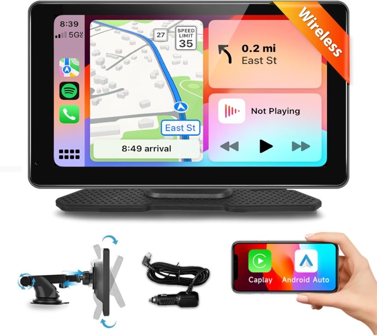 Podofo Wireless Carplay Screen for Car,7 inch HD IPS Touch Screen Portable Car Radio Audio Receivers, Wireless Android Auto Screen with Dual Bluetooth/MirrorLink/GPS/Voice Control/AUX/FM Transmit