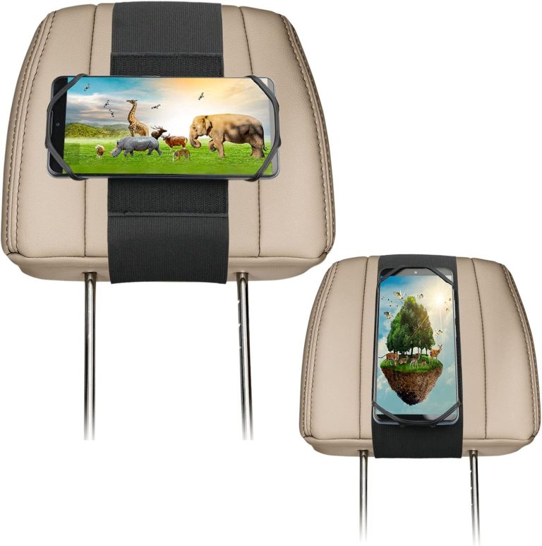 Car Headrest Phone Holder for Kids Back Seat – Compatible with iPhone, Samsung and Other Cell Phones – Soft Adjustable Silicone Holding Net (for Phone 2 Pack)