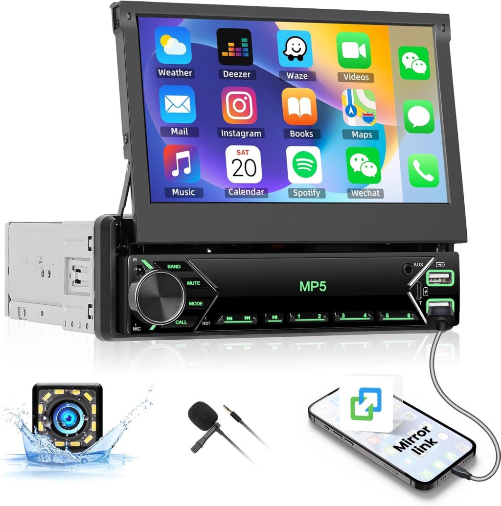 Single Din Touchscreen Car Stereo with iOS/Android Mirror Link, 7″ Flip Out Touchscreen Bluetooth 1 Din Car Radio Receiver, TF/USB, FM Radio, SWC,FM, External Microphone+Rear Camera Single Din Touchscreen Car Stereo with iOS/Android Mirror Link, 7″ Flip Out Touchscreen Bluetooth 1 Din Car Radio Receiver, TF/USB, FM Radio, SWC,FM, External Microphone+Rear Camera