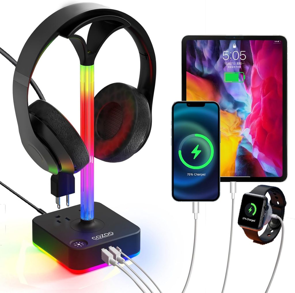 cozoo RGB Headphone Stand with Charger 3 USB Ports and 2 AC Outlets,2 USB-A 1 Type C,Desk Gaming Headset Holder with 9 Light Modes,PC Gaming Desk Accessories,Gamer Gifts,RGB Gaming Stuff Headset Stand cozoo RGB Headphone Stand with Charger 3 USB Ports and 2 AC Outlets,2 USB-A 1 Type C,Desk Gaming Headset Holder with 9 Light Modes,PC Gaming Desk Accessories,Gamer Gifts,RGB Gaming Stuff Headset Stand