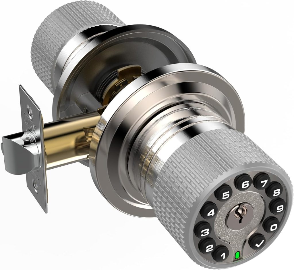 Smart Door Knob with Keypad and Key,Keyless Entry Door Lock with Rubber Grip, Auto Lock,50 User Code,Waterproof, Easy to Install and Program for Bedroom Garage Office Gate (Satin Nickel) Smart Door Knob with Keypad and Key,Keyless Entry Door Lock with Rubber Grip, Auto Lock,50 User Code,Waterproof, Easy to Install and Program for Bedroom Garage Office Gate (Satin Nickel)