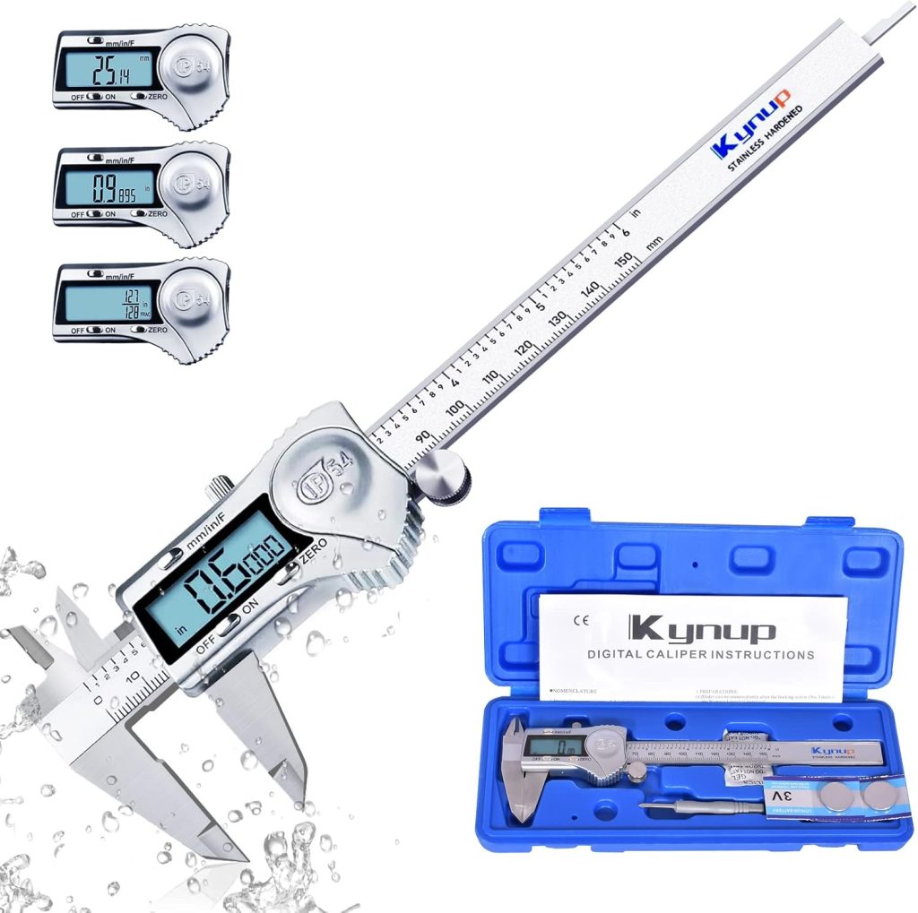 Kynup Digital Caliper, Calipers 6 Inch Measuring Tool with Stainless Steel, IP54 Splash Proof Protection Design, Easy Switch from Inch Metric Fraction, Large LCD Screen (150mm) Kynup Digital Caliper, Calipers 6 Inch Measuring Tool with Stainless Steel, IP54 Splash Proof Protection Design, Easy Switch from Inch Metric Fraction, Large LCD Screen (150mm)